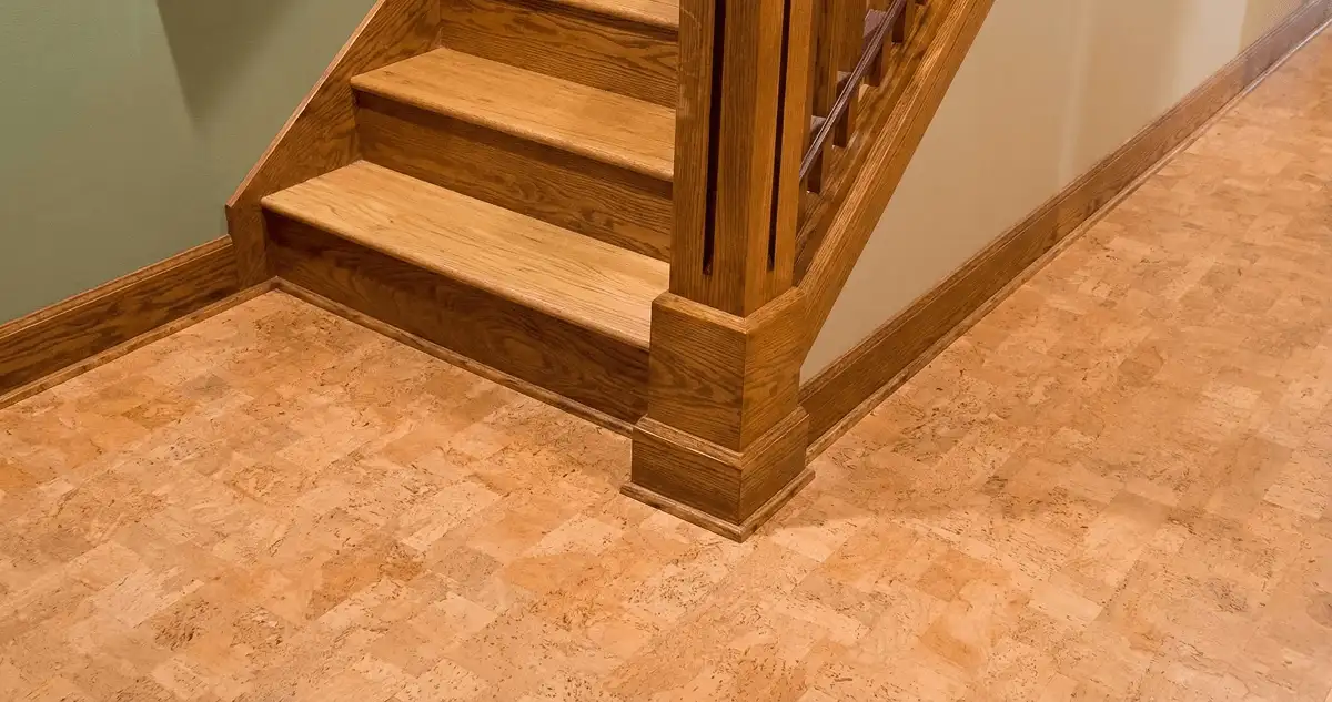 End of a staircase with cork flooring in Lowell, MA