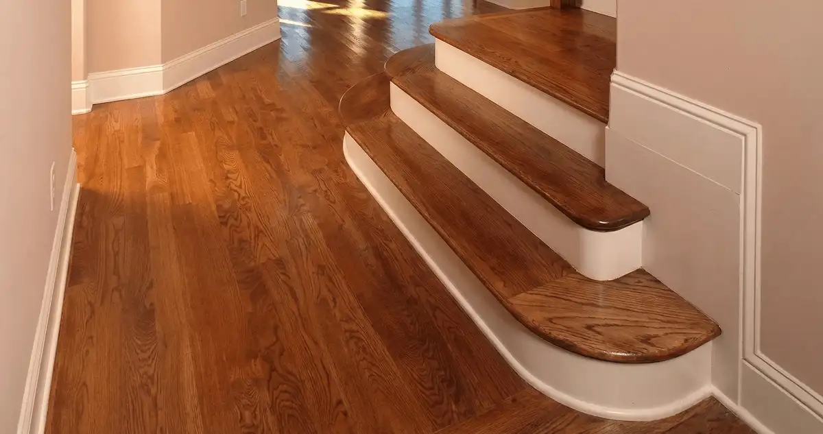 Base floor of a staircase with professionally restored wood flooring in Lowell MA