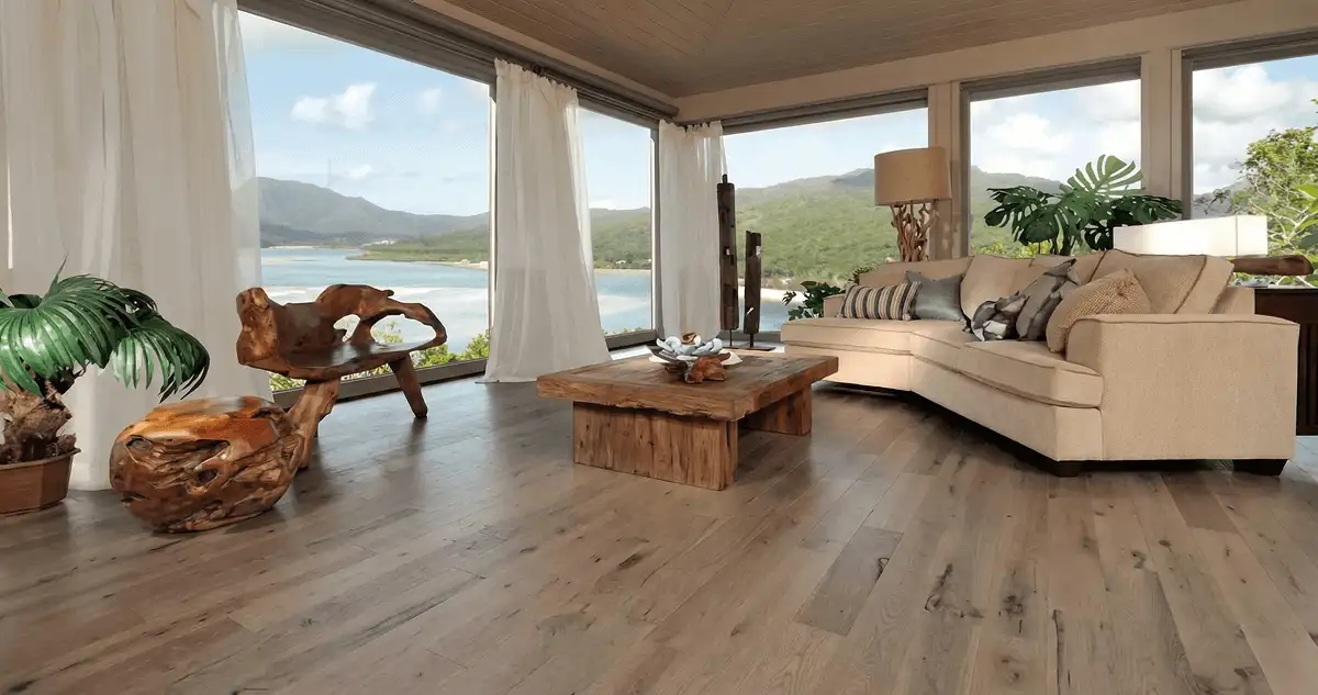 Professionally installed vinyl flooring in a modern living room with large windows in Lowell, MA